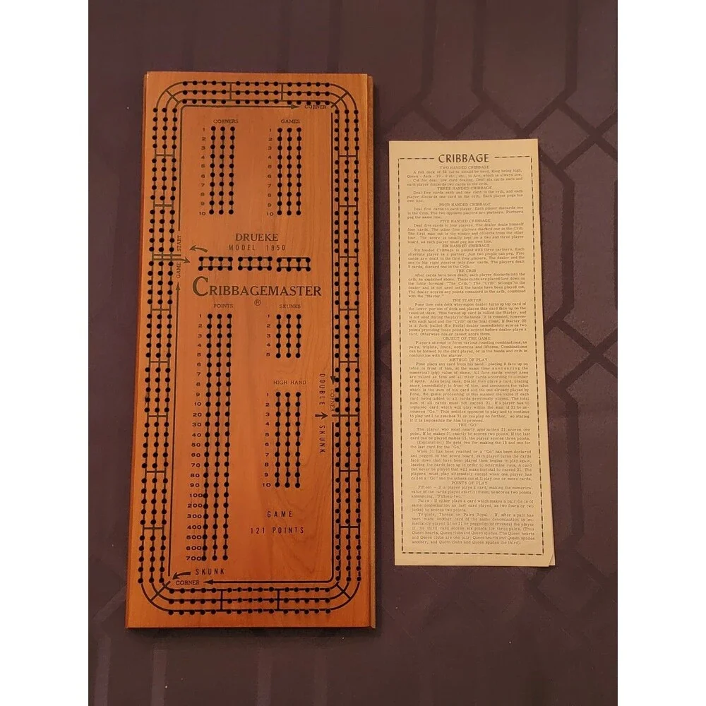 DRUEKE CRIBBAGEMASTER Once-A-Round 3 Track Cribbage Board, Model 1950 Box Pegs